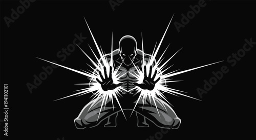 Powerful superhero figure in a dynamic pose emits bright white energy beams from his hands against a dark background.
