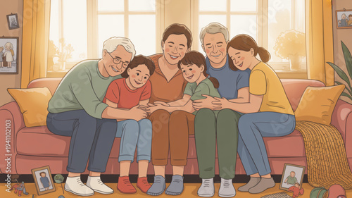 Multigenerational family sitting on a couch together looking at a tablet in a cozy living room with warm lighting