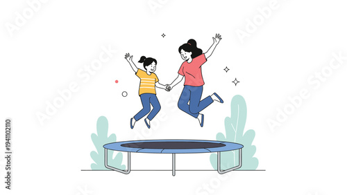 Mother and her young daughter holding hands and jumping together on a blue trampoline in a garden for fun and physical exercise.