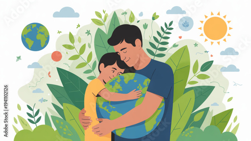 Father and son hugging earth surrounded by greenery and sunshine symbolizing environmental love and care