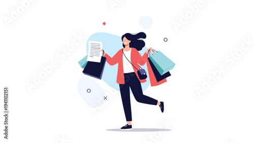 Happy young woman walking with many colorful shopping bags and holding a paper receipt after a successful retail therapy session.