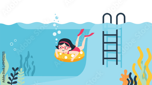 Young girl wearing swimming goggles and an inflatable ring diving underwater in a blue pool near a metal ladder during summer.