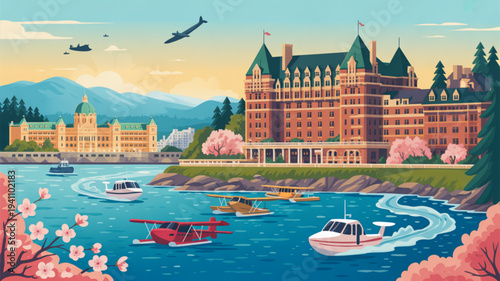Scenic harbor with boats and historic hotel by water cherry blossoms in bloom mountains in background sunny day with planes flying overhead