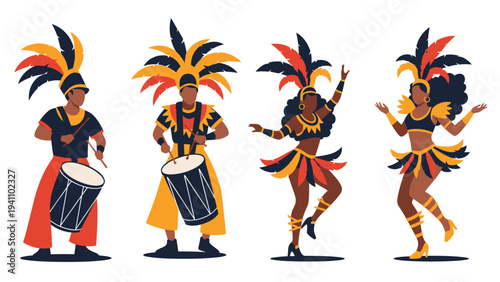 Group of Brazilian carnival performers including drummers and dancers wearing colorful feathered costumes and tall headdresses.