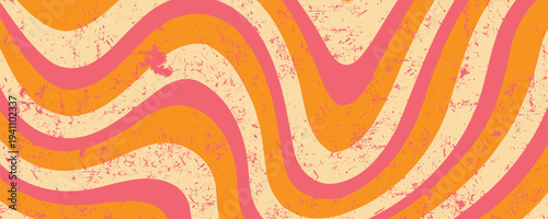 1970 Wavy Swirl Seamless Pattern in Orange and Pink Colors. Hand-Drawn Vector Illustration. Seventies Style, Groovy Background, Wallpaper, Print. Flat Design, Hippie Aesthetic.