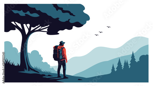 Lone hiker with a backpack standing under a large tree and looking at the vast mountain landscape during a beautiful dawn or dusk.