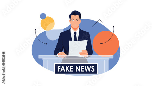 Male news anchor in a dark suit sitting at a desk and presenting information with a prominent fake news sign in front of him.