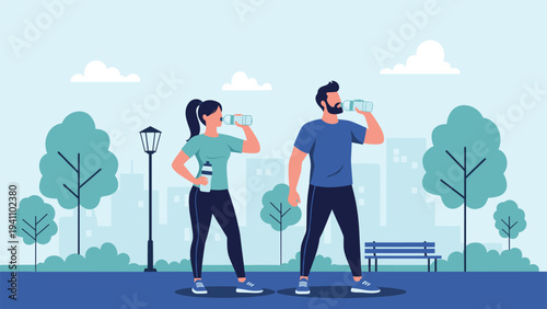 Fit couple in sportswear drinking water from bottles while resting after an outdoor morning workout session in a city park.