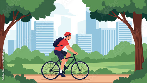 Active man riding a bicycle through a scenic park trail with city skyscrapers and lush green trees in the background.