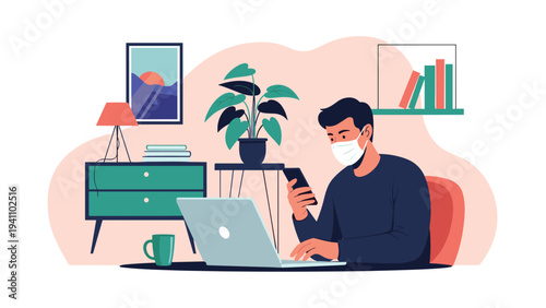 Responsible man wearing a protective face mask while working remotely on his laptop and smartphone in a home office.