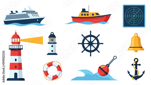 Large set of maritime and nautical icons including ships, a lighthouse, anchor, steering wheel, and safety gear.