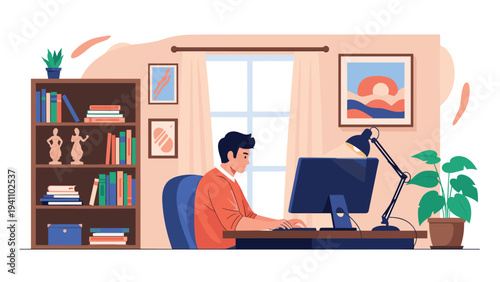 Focused professional man sitting at his home office desk working on a desktop computer in a stylish modern room.