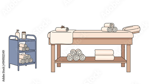 Professional massage table in a spa setting with neatly rolled towels and a utility cart filled with beauty supplies.