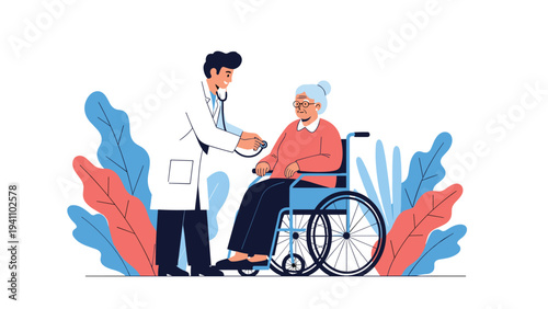 Caring male doctor using a stethoscope to examine an elderly woman sitting in a wheelchair surrounded by plants.