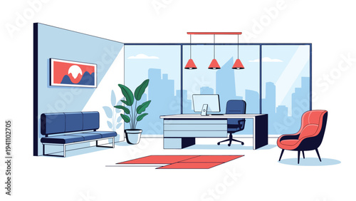 Spacious modern office interior featuring a large desk, ergonomic chairs, indoor plants, and a city view window.