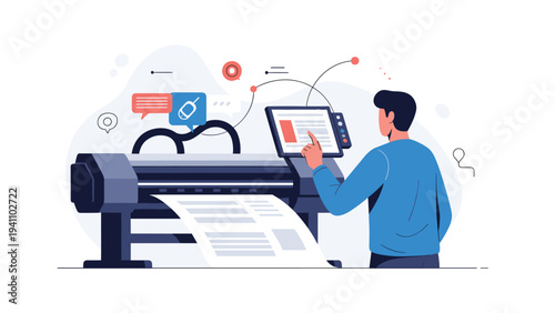 Male technician operating a large format digital printer while interacting with a touch screen interface and icons.