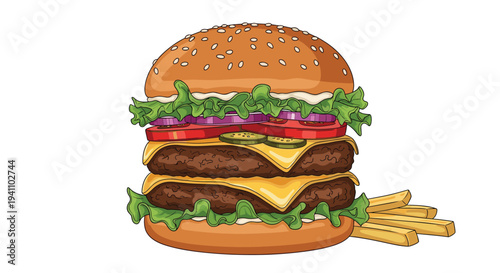 Delicious large double cheeseburger with fresh lettuce, tomatoes, onions, pickles, and a side of golden French fries.