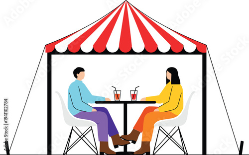 Young couple sitting at a table under a red and white striped canopy tent drinking juice vector illustration.