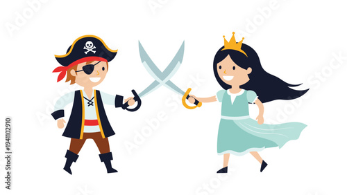 Two children dressed up as a pirate and a princess playing together with toy swords on a plain white background.