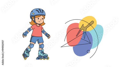 Young girl wearing protective gear and a blue helmet enjoying a fun day of rollerblading on a white background.