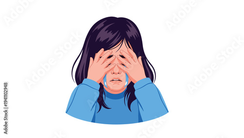 Close up illustration of a young girl with dark hair crying with her hands covering her eyes and tears visible.
