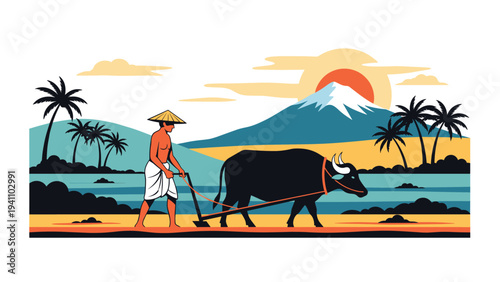 Traditional farmer plowing a field with a water buffalo at sunset with palm trees and a mountain in the distance.