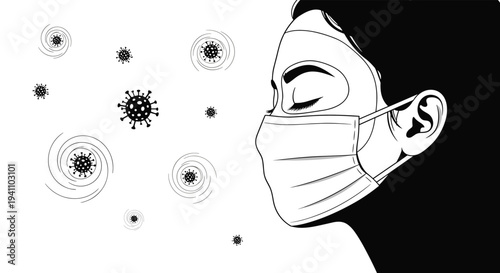 Side profile of a woman wearing a medical face mask surrounded by stylized virus and bacteria particles in black and white.