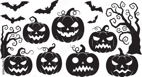 Halloween pumpkins and bats in spooky black silhouette style