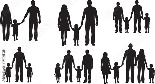 Silhouettes of happy families with parents and children together