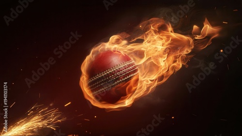 Cricket ball engulfed in fiery flames with sparks flying