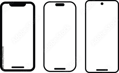 Minimalist vector graphic illustration showcasing three distinct smartphone front designs highlighting notch variations and punch hole display concepts for technology mockups