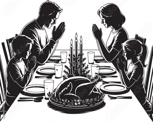 A silhouetted family gathers around a festive dinner table, bowing their heads in prayer before enjoying a traditional holiday meal together.
