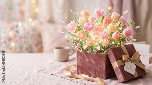 Glowing pink tulips emerging from a velvet gift box with a 'For Mom' tag, a thoughtful surprise.