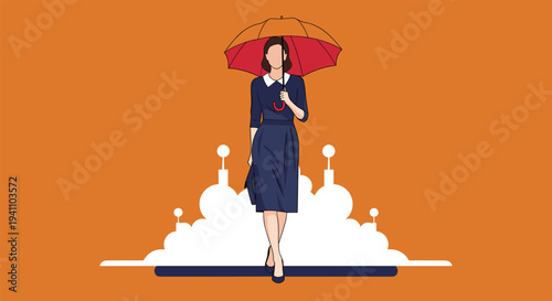 Fashionable woman in a blue dress and heels holds a red umbrella while walking in front of a white architectural backdrop.