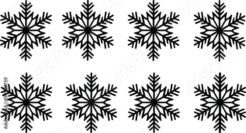 Set of black snowflake icons winter frost crystal decorative elements isolated cold weather holiday vector illustration collection