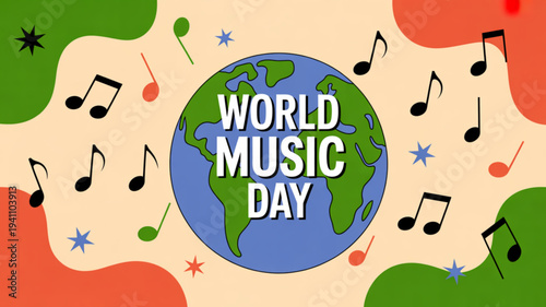 Vibrant world music day illustration with globe musical notes and colorful abstract shapes on beige background