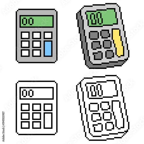 Set editable pixel calculator vector for retro accounting software. Ideal for symbolizing 8-bit math, arcade style budgeting, and digital numbers.