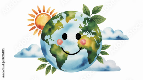 Smiling earth with leaves and sun symbolizing environmental happiness and sustainability