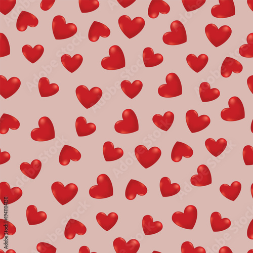 Colorful cute card with red hearts. Seamless pattern of realistic 3d hearts.  Decorative romantic icon love symbol. Vector illustration for wallpaper, wrapping paper, fabric.