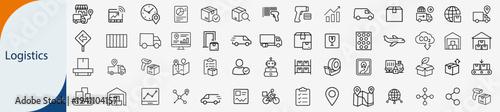 logistics and global shipping outline icons, delivery transport vector set