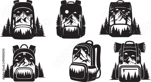 Backpack Silhouette Set with Mountain and Forest Landscape Designs