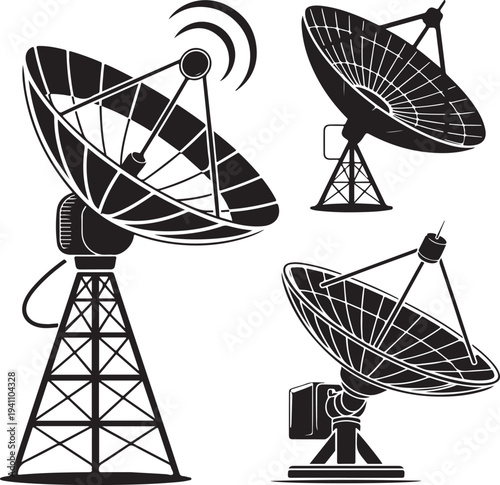 Satellite dish and radar antenna vector icon set Communication and broadcast technology symbols