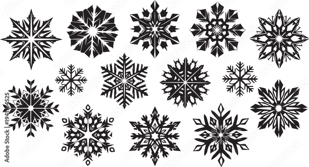Fototapeta premium Collection of unique black snowflakes on white background