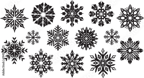 Collection of unique black snowflakes on white background