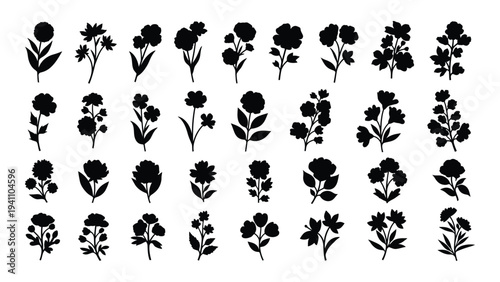 Collection of various black flower silhouettes