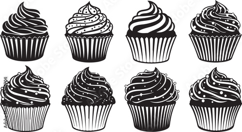 Illustration of Chocolate Cupcakes with Swirled Frosting Toppings