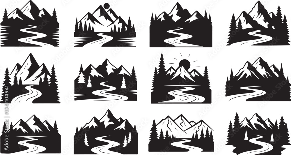 Obraz premium Mountain Landscape Icons with Trees and Winding Rivers Series