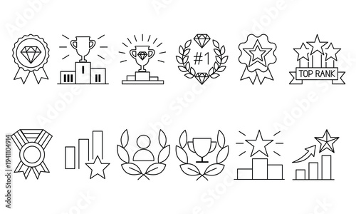 Premium victory and top rank icon set. Features diamond badges, trophies on podiums, laurel wreaths, medals, and success growth charts in thin line style for achievement and excellence.