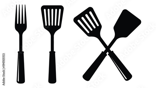 Black silhouette of a fork and three cooking utensils