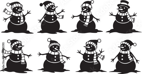 Eight Silhouette Snowmen in Various Poses and Hats Winter